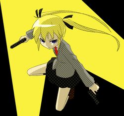  gun hair_ribbon kill_me_baby necktie purple_eyes ribbon skirt sonya_(kill_me_baby) twintails violet_eyes weapon 