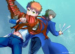  2boys black_keys brown_hair emiya_shirou fate/stay_night fate_(series) kotomine_kirei kushi8930 long_coat multiple_boys raglan_sleeves ribbon sword weapon yellow_eyes 