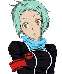  aqua_hair armband brown_eyes green_hair persona persona_3 simple_background solo suta_furachina yamagishi_fuuka 