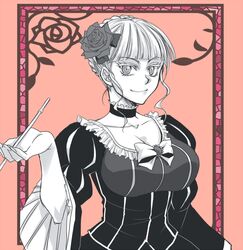  1girl beatrice bow breasts choker cleavage dress flower hair_bun hair_flower hair_ornament monochrome pipe rose smile solo sousui_hani umineko_no_naku_koro_ni wide_sleeves 
