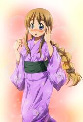  1girl alternate_hairstyle blonde_hair blue_eyes blush braid japanese_clothes k-on! kimono kotobuki_tsumugi long_hair shishinon yukata 