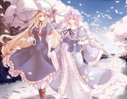  blonde_hair boots bow cherry_blossoms cross-laced_footwear hair_bow hand_holding hat holding_hands japanese_clothes lace-up_boots long_hair multiple_girls obi pantyhose parasol petals pink_eyes pink_hair purple_eyes saigyouji_yuyuko short_hair ten_ryuu_sadaaki touhou triangular_headpiece umbrella violet_eyes yakumo_yukari 