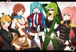  :q ammunition_belt aqua_eyes aqua_hair badge bandaid bikini_top blazer blonde_hair blue_eyes boots bracelet brown_eyes brown_hair bullet_hole button_badge chainsaw cleavage crotchless_pants earbuds elbow_gloves epaulettes gloves green_hair grin gumi gun hair_ornament hair_ribbon hairclip hand_on_hip hat hatsune_miku highres hips hoodie jewelry jpeg_artifacts kagamine_rin knee_boots letterboxed long_hair megurine_luka meiko midriff multiple_girls nail_polish navel necklace necktie nuko_(mikupantu) pink_hair pistol ponytail ribbon scarf short_hair shotgun shotgun_shells skirt smile sunglasses sword thighhighs tongue twintails very_long_hair vocaloid weapon 