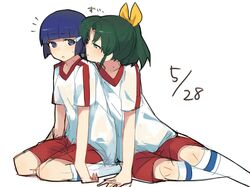  2girls aoki_reika blue_eyes blue_hair blush couple dated green_eyes green_hair gym_uniform incipient_kiss midorikawa_nao multiple_girls ponytail precure simple_background sitting sketch smile_precure! wariza white_background yomosaka yuri 