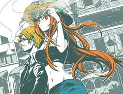  1girl adjusting_glasses arm_hug ass bangle bespectacled blonde_hair blue_eyes bow bracelet breasts building cigarette cleavage couple facial_hair glasses hair_over_one_eye hat hat_bow hips jewelry juliaczzz lamppost long_hair looking_at_viewer midriff mustache nami navel necklace one_piece orange_eyes orange_hair sanji short_hair smile smoking straw_hat sunglasses 