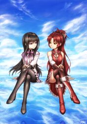 akemi_homura black_hair boots cloud crossed_legs highres legs legs_crossed light_smile magical_girl mahou_shoujo_madoka_magica pantyhose ponytail purple_eyes red_hair redhead ribbon sakura_kyouko signature sitting sky smile symmetry thigh-highs thighhighs violet_eyes yellow_eyes zerg309 