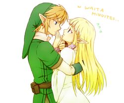  1girl blonde_hair blue_eyes blush bracelet couple earrings engrish eye_contact fingerless_gloves gloves hat hug incipient_kiss jewelry link long_hair looking_at_another love nintendo pointy_ears princess_zelda ranguage saiba_(henrietta) short_hair skyward_sword the_legend_of_zelda 
