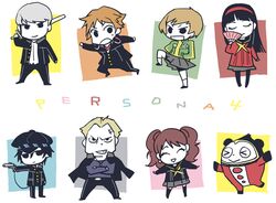  androgynous bad_id bear black_eyes chibi closed_eyes crossdressing everyone eyes_closed fan gun hanamura_yousuke headphones headphones_around_neck jacket_on_shoulders kujikawa_rise kuma_(persona_4) looking_at_viewer looking_away moroheso narukami_yuu open_mouth pantyhose persona persona_4 reverse_trap satonaka_chie school_uniform serafuku serious shirogane_naoto skirt smile sword tatsumi_kanji title_drop tomboy weapon zipper 