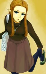  blue_eyes brown_hair contemporary fashion jewelry long_hair necklace nintendo pantyhose pointy_ears princess_zelda saiba_(henrietta) the_legend_of_zelda twilight_princess 