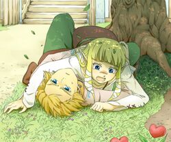  1girl blonde_hair blue_eyes earrings frown heart jewelry link long_hair lying nintendo on_person pointy_ears princess_zelda saiba_(henrietta) skyward_sword tears the_legend_of_zelda 