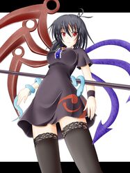  1girl black_hair black_legwear campbell_(pixiv) houjuu_nue polearm red_eyes snake solo thigh-highs thighs touhou weapon wings wristband zettai_ryouiki 