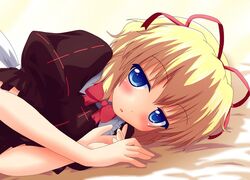  1girl blonde_hair blue_eyes blush hair_ribbon lying medicine_melancholy ribbon short_hair solo touhou yakumo_nanahara 