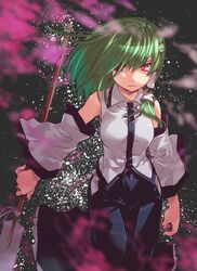  1girl bare_shoulders detached_sleeves frog_hair_ornament gohei green_hair hair_ornament hair_over_one_eye hair_tubes highres kochiya_sanae long_hair red_eyes shide skirt snake_hair_ornament solo teoshiguruma touhou 