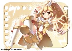  akisa_(kaho) bike_shorts blonde_hair boots bowtie brooch cure_peace double_v dress electricity jewelry kise_yayoi long_hair magical_girl precure shorts_under_skirt skirt smile smile_precure! solo v wrist_cuffs yellow yellow_background yellow_dress yellow_eyes 