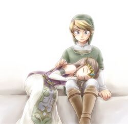  blue_eyes brown_hair chikuwa_(rinka) gloves hat link long_hair nintendo pointy_ears princess_zelda sleeping the_legend_of_zelda tiara twilight_princess 