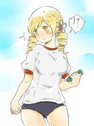  1girl adjusting_buruma blonde_hair blush breasts buruma drill_hair gym_uniform hair_ornament large_breasts mahou_shoujo_madoka_magica nori_senbei solo tomoe_mami yellow_eyes 