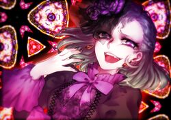  close-up earrings evil face fang green_eyes green_hair gumi jewelry ohagi_(ymnky) open_mouth short_hair smile solo stained_glass vocaloid 