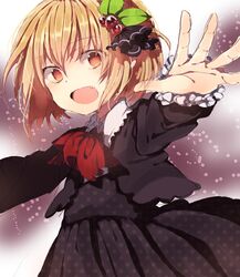  alternate_costume blonde_hair dress fang hair_ribbon leaf miya_(tsumazukanai) open_mouth outstretched_arms polka_dot red_eyes ribbon rumia short_hair solo the_embodiment_of_scarlet_devil touhou vest youkai 