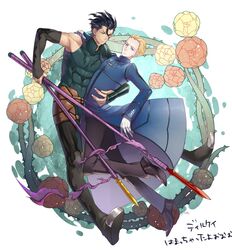  black_hair blonde_hair blue_eyes fate/zero fate_(series) flower gae_buidhe gae_dearg gloves kayneth_archibald_el-melloi lancer_(fate/zero) male mole multiple_boys orpheus99 polearm rose spear vines weapon white_gloves yellow_eyes 