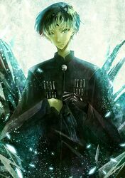  bishoujo_senshi_sailor_moon black_gloves black_hair black_moon_clan blue_eyes coat crescent crystal expressionless facial_mark forehead_mark gloves male nako_(nonrain) prince_sapphire solo 