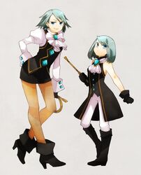  ankle_boots arm_behind_back bangs bare_shoulders black_boots black_gloves blue_eyes blue_hair boots brooch brown_legwear buzz capcom clenched_hand cravat dual_persona earrings gloves gyakuten_kenji gyakuten_saiban hand_on_ass head_tilt high_heels jewelry juliet_sleeves karuma_mei knee_boots leaning leaning_forward long_sleeves miniskirt mole multiple_girls pants pantyhose puffy_shoulder_long_sleeves puffy_sleeves riding_crop shirt shoes short_hair skirt sleeve_cuffs sleeveless smile standing_on_one_leg swept_bangs teenage time_paradox whip white_shirt young 