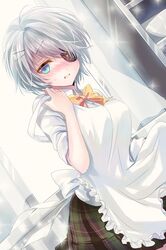  apron arm_up blue_eyes blush eyepatch frills hair_ornament hairclip hairpin holding iri_flina lowres open_mouth plaid plaid_skirt reum ribbon short_hair silver_hair skirt sparkle sword_girls white_hair 