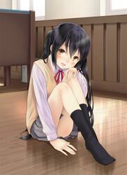  black_hair blush brown_eyes face hands iizuka_ena k-on! long_hair nakano_azusa open_mouth school_uniform sitting socks solo twintails 