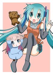  apron bear blush detached_sleeves hatsune_miku kindergarten megurine_luka minami_(artist) multiple_girls pink_hair simple_background stuffed_animal stuffed_toy thigh-highs thighhighs twintails vocaloid young 