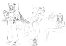  2girls alternate_costume book demon_girl demon_wings formal full_body horns koakuma kuroi_yasu long_skirt monochrome multiple_girls no_hat no_headwear patchouli_knowledge skirt touhou translation_request tripping vest wings 
