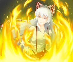  bow fire fujiwara_no_mokou grin hair_bow sakudono smile smirk solo suspenders touhou yellow 