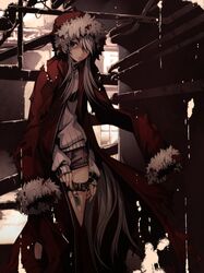  blue_eyes city hair_over_one_eye hooded_jacket knife long_hair original shorts solo sweater torigoe_takumi white_hair 
