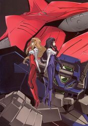  blonde_hair bodysuit brown_hair hair_ornament hairclip highres hiiragi_akao jinki long_hair mecha multiple_girls pilot_suit ponytail 