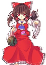  >:o ascot ayaya~ bird bow brown_hair chestnut_mouth detached_sleeves food fruit furikake_(food) hair_bow hair_tubes hakurei_reimu ibuki_suika miko pun red_eyes shameimaru_aya shameimaru_aya_(crow) shefu skirt skirt_set solo subterranean_animism touhou translated watermelon white_background yakumo_yukari 