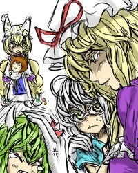  4girls :< :3 ahoge angry baby blonde_hair bow brown_hair cheken chen child evil ex-keine glasses green_hair groceries hair_bow hat horns kamishirasawa_keine kidnapping long_hair morichika_rinnosuke multiple_girls short_hair silver_hair sweatdrop tears touhou white_hair worried yakumo_ran yakumo_yukari yellow_eyes young 