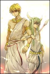  androgynous belt blonde_hair bracelet crossed_arms earrings enkidu_(fate/strange_fake) fate/stay_night fate/strange_fake fate_(series) gilgamesh green_hair highres horns jewelry long_hair male multiple_boys necklace polearm rakuko red_eyes shirtless short_hair spear trap weapon yellow_eyes 