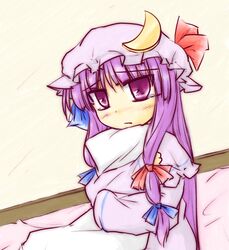  bow crescent hair_bow hat hat_bow hug long_hair natsuki_(silent_selena) patchouli_knowledge pillow purple_eyes purple_hair sitting solo tears touhou violet_eyes 
