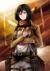  belt black_hair brown_eyes feef highres jacket mikasa_ackerman salute scarf shingeki_no_kyojin short_hair thigh_strap 