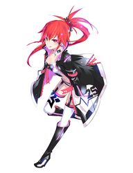  :p boots cul headphones highres jacket long_hair looking_at_viewer monq ponytail red_eyes red_hair redhead shorts simple_background smile solo thigh-highs thigh_strap thighhighs tongue vocaloid 