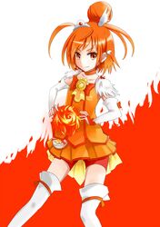 bike_shorts bowtie bridal_gauntlets choker cure_sunny dress fire hair_bun hair_ornament hairpin hino_akane kiichi_(picchi0112) magical_girl orange_(color) orange_dress orange_eyes orange_hair precure short_hair shorts_under_skirt skirt smile smile_precure! solo thigh-highs thighhighs white_legwear 