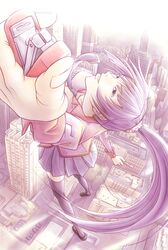 bakemonogatari blue_eyes boxcutter building city foreshortening from_above giantess highres long_hair monogatari_(series) necktie ponytail purple_hair school_uniform senjougahara_hitagi solo stapler thigh-highs thighhighs zettai_ryouiki 