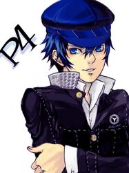  androgynous blue blue_eyes blue_hair cabbie_hat crossdressing female hat jacket looking_away persona persona_4 reverse_trap school_uniform shirogane_naoto short_hair smile solo title_drop tomboy 