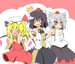  ascot black_hair blonde_hair blush closed_eyes detached_sleeves eyes_closed fang flandre_scarlet grey_hair hair_ribbon hat inubashiri_momiji multiple_girls open_mouth red_eyes ribbon senba_chidori shameimaru_aya side_ponytail skirt tokin_hat touhou wings 