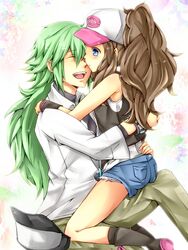  1girl :d blue_eyes brown_hair closed_eyes couple eyes_closed green_hair hat hug long_hair n_(pokemon) open_mouth pokemon pokemon_(game) pokemon_bw ponytail sakura_ran short_shorts shorts sitting sitting_on_lap sitting_on_person smile touko_(pokemon) 