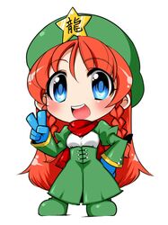  blue_eyes blue_gloves blush braid chibi gloves green_hair hair_ribbon hand_on_hip hat hips hong_meiling long_hair lowres open_mouth red_hair redhead ribbon scarf shirt smile solo star tajima_yuuki touhou twin_braids v 