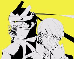  adjusting_glasses back-to-back belt dual_persona glasses izanagi jacket monochrome multiple_boys narukami_yuu palargent persona persona_4 short_hair yellow 