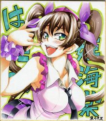  bare_shoulders bow breasts brown_hair bust cleavage face green_eyes hair_bow hat highres himekaidou_hatate large_breasts long_hair nail_polish necktie open_mouth pointy_ears shikishi sleeveless smile solo sparkle tokin_hat touhou traditional_media twintails uousa very_long_hair 