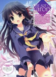  absurdres bag cherry_blossoms commentary copyright_request fang highres karory school school_uniform wind_lift 