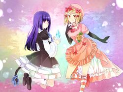  assanmiho blonde_hair blue_hair bow dress elbow_gloves frederica_bernkastel gloves hair_bow hat lambdadelta legs long_hair looking_back multiple_girls purple_eyes red_eyes short_hair smile socks spoo striped striped_socks tail umineko_no_naku_koro_ni violet_eyes 