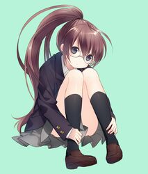  black_legwear blue_eyes blush brown_hair censored convenient_censoring convenient_leg footwear glasses green_background kneehighs leg_hug loafers long_hair looking_at_viewer original pigeon-toed ponytail school_uniform shoes simple_background sitting skirt socks solo very_long_hair yamiko yamiya 