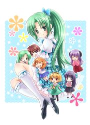  blush bow furude_rika hair_bow hairband hanyuu higurashi_no_naku_koro_ni horns houjou_satoko maebara_keiichi maekawa_suu multiple_girls ponytail ryuuguu_rena school_uniform sonozaki_mion sonozaki_shion wink 